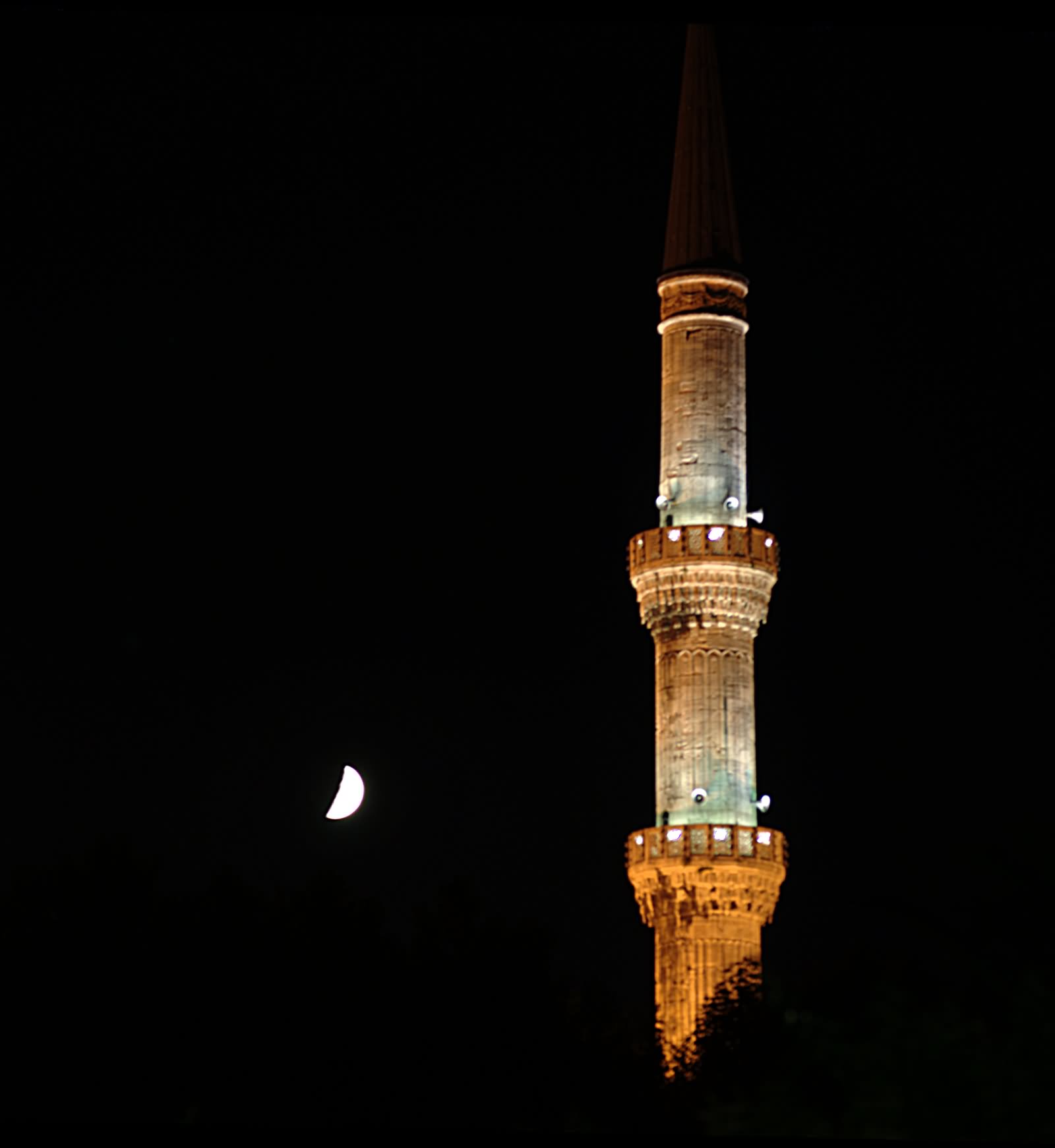 Blue Mosque Minaret At Night With Moon