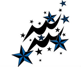 Blue Nautical Stars And Aquarius Zodiac Sign Tattoo Design