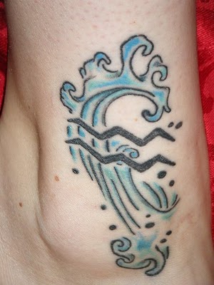 Blue Water Waves And Cute Aquarius Tattoo On Ankle
