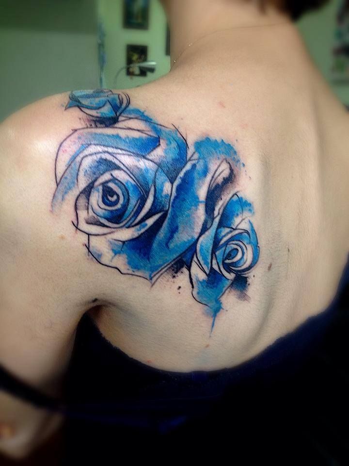 Blue Watercolor Roses Tattoo On Left Back Shoulder