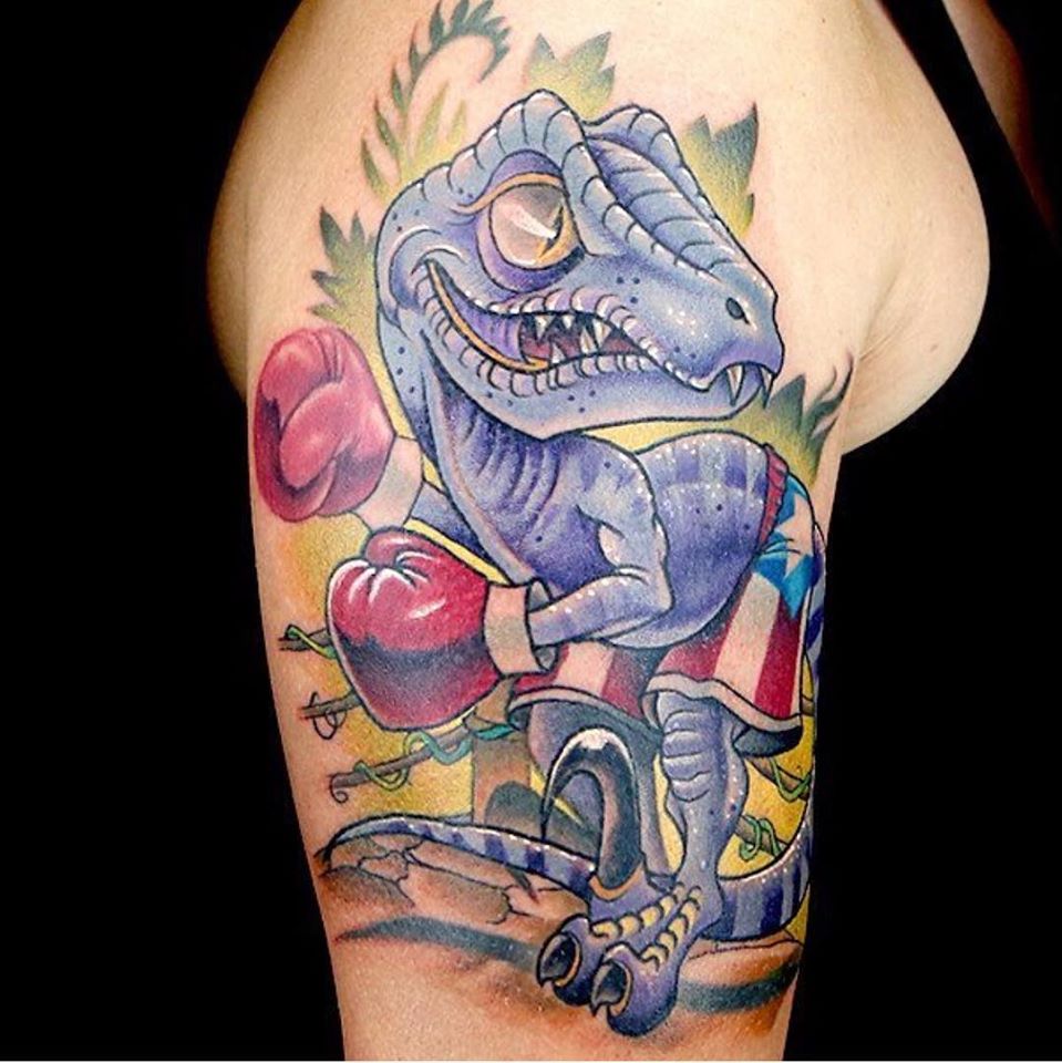 Boxer Dinosaur Tattoo On Half Sleeve by Christian Buckingham