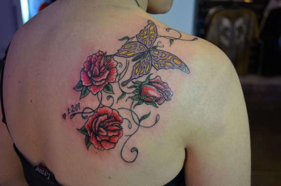 Butterfly And Red Roses Tattoos On Back Shoulder