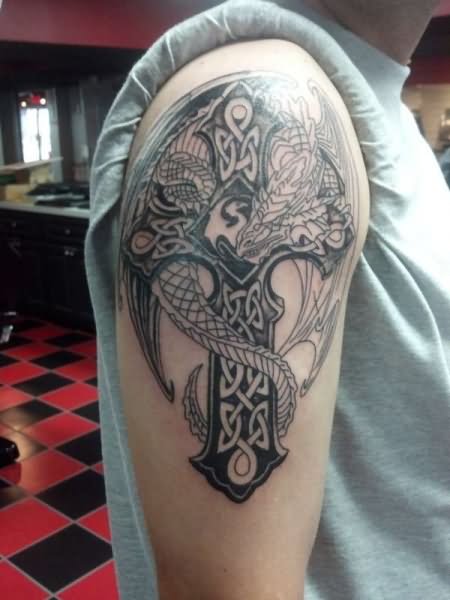 Celtic Cross With Dragon Tattoo On Right Half Sleeve