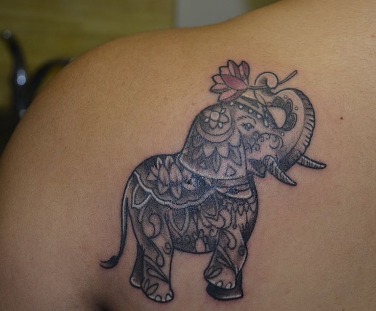 Classic Black Elephant Trunk Up Tattoo On Left Back Shoulder