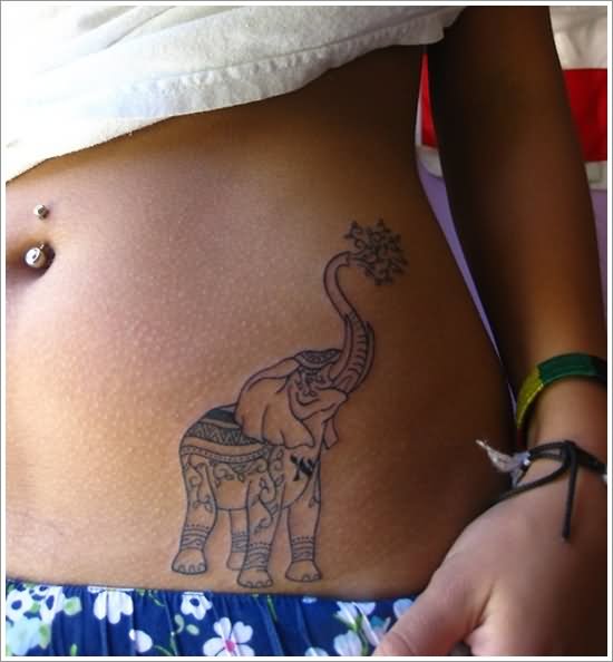 Classic Elephant Tattoo On Girl Stomach