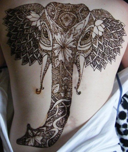 Classic Henna Elephant Tattoo On Full Back