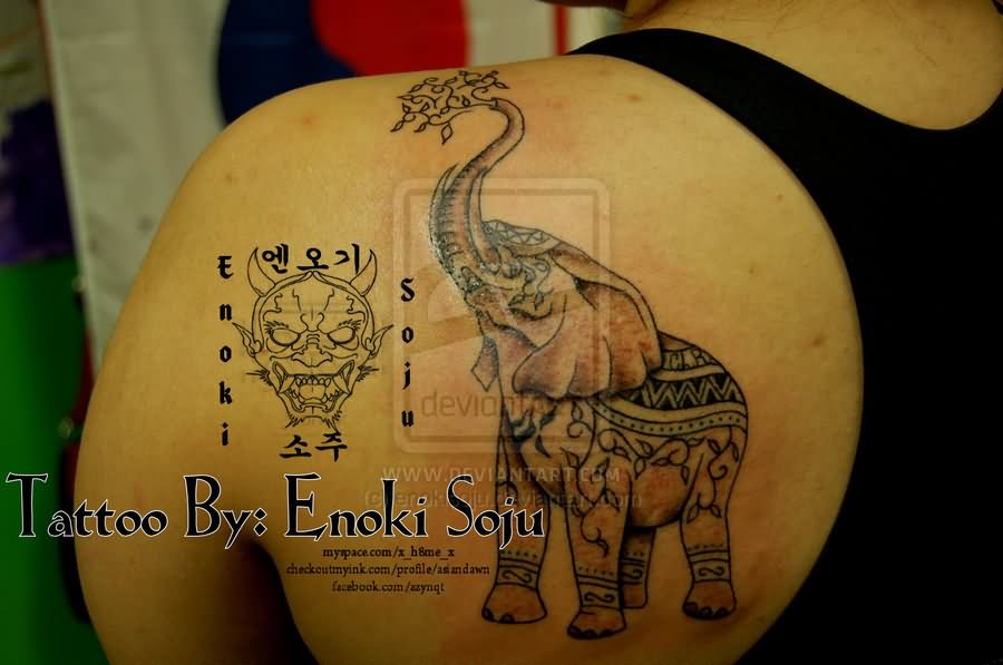 Classic Indian Elephant Tattoo On Left Back Shoulder By Enoki Soju