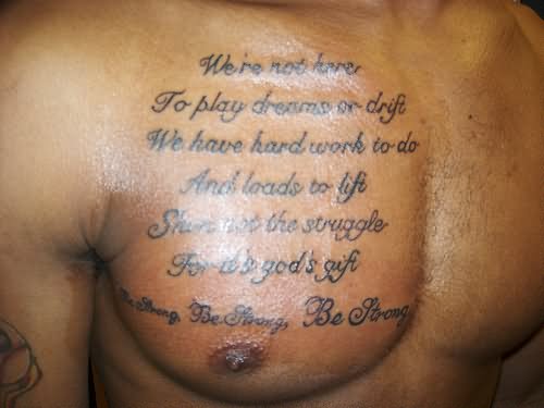 Classic Quote Tattoo On Man Chest