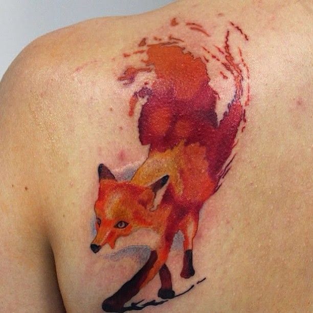 Classic Watercolor Fox Tattoo On Left Back Shoulder