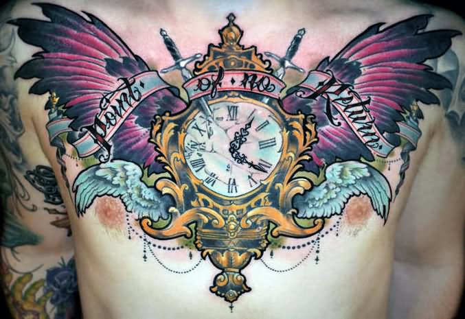 Clock With Wings And Banner Tattoo On Man Chest
