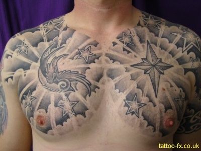 Cloud With Flying Birds And Stars Tattoo On Man Chest