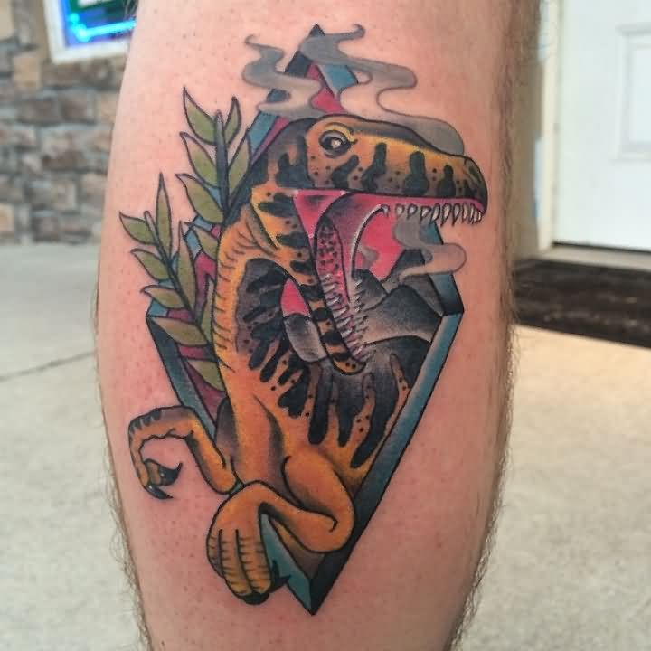 Color Dinosaur Tattoo On Back Leg
