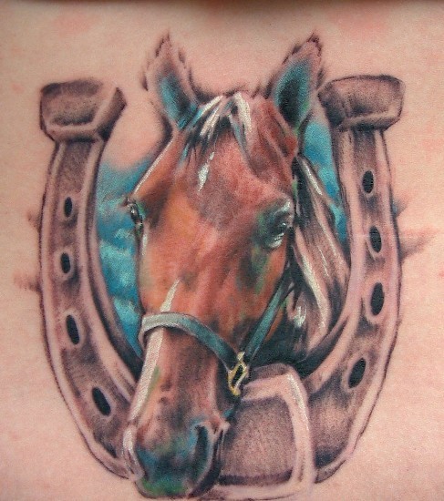 Color Horse Head And Horse Shoe Tattoo