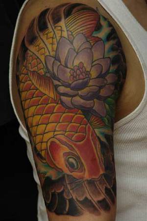 Color Ink Fish And Flower Tattoo On Right Half Sleeve