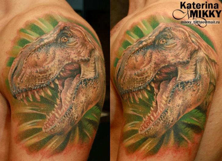 Colored Dinosaur Head Tattoo On Shoulder