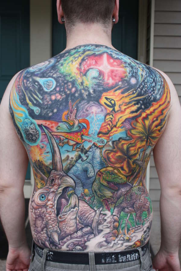 Colored Dinosaur Tattoos On Man Full Back