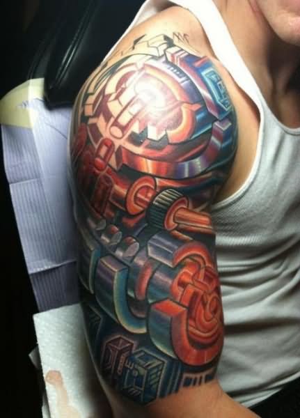 Colored Mechanical Tattoo On Half Sleeve For Men