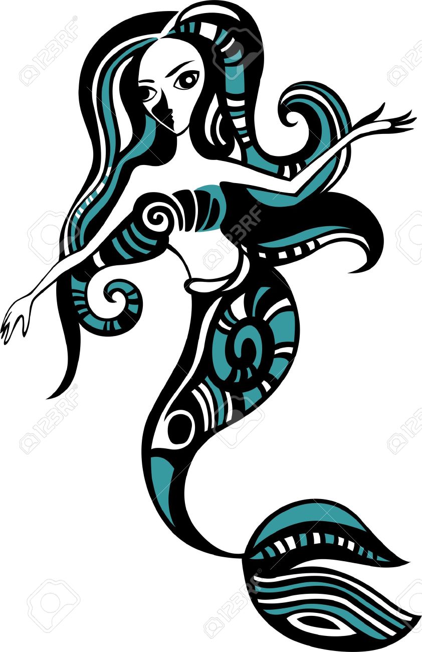 Colored Tribal Aquarius Mermaid Tattoo Design