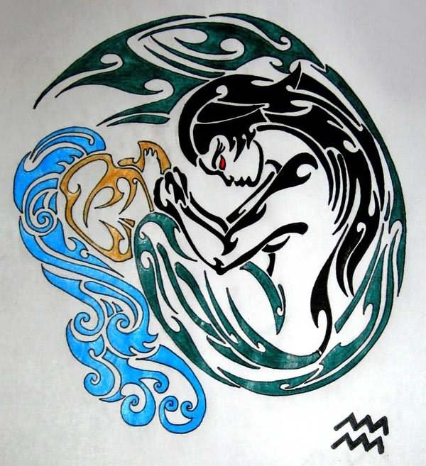 Colored Tribal Aquarius Tattoo Design