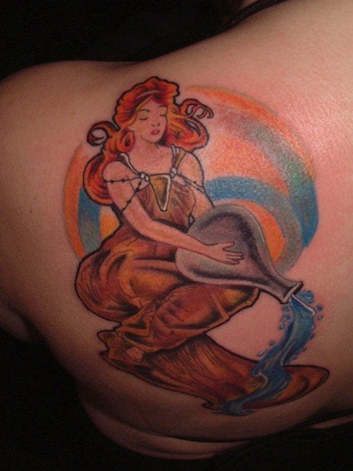 Colorful Aquarius Mermaid Tattoo On Left Back Shoulder