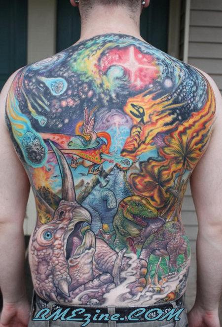 Colorful Dinosaur Tattoo On Full Back