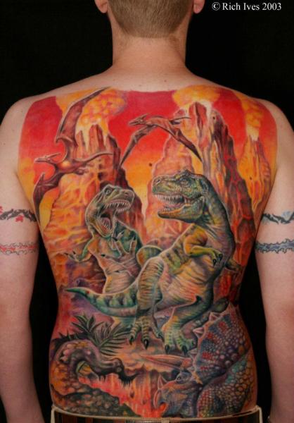 Colorful Dinosaur Tattoo On Man Full Back