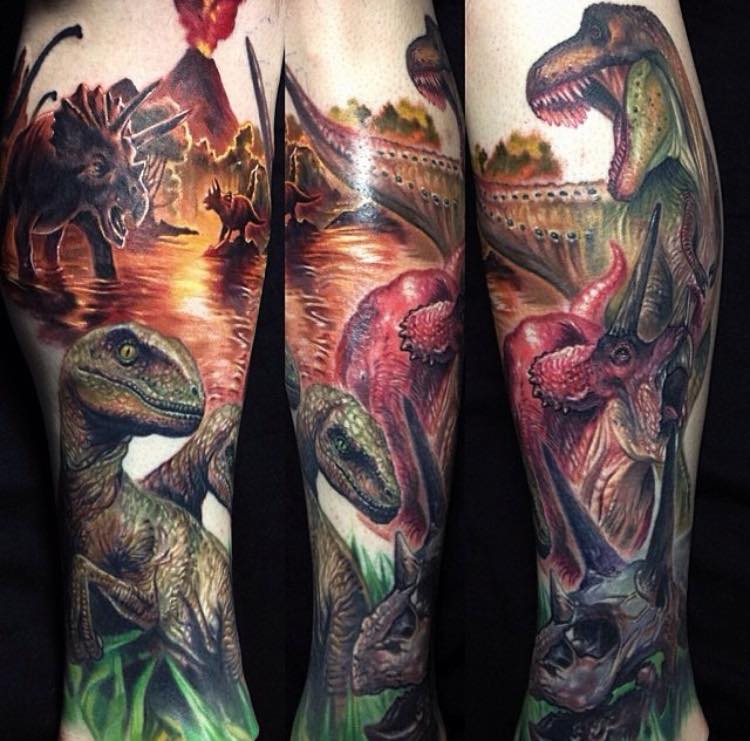 Colorful Dinosaur Tattoos On Leg