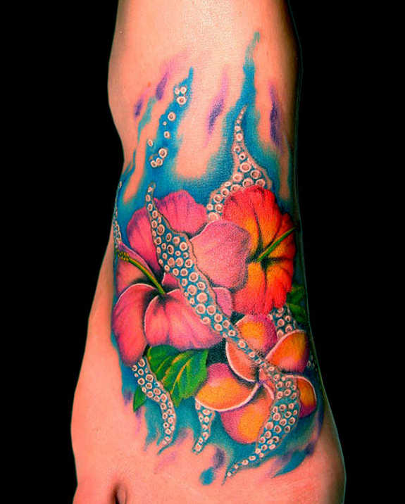 Colorful Hibiscus Flowers Tattoo Design For Foot