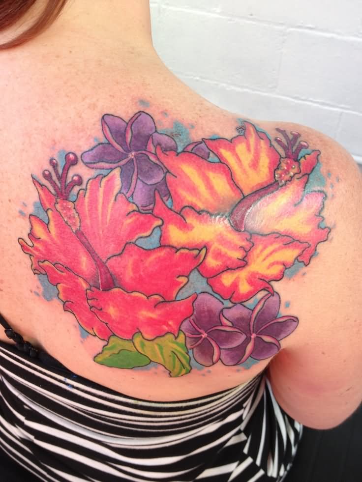 Colorful Hibiscus Flowers Tattoo On Girl Right Back Shoulder