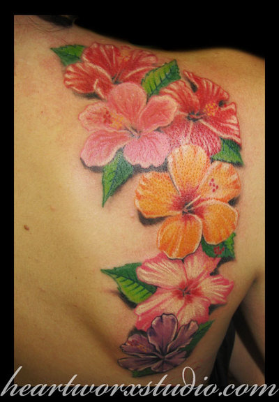 Colorful Hibiscus Flowers Tattoo On Right Back Shoulder By Velle Gosselin