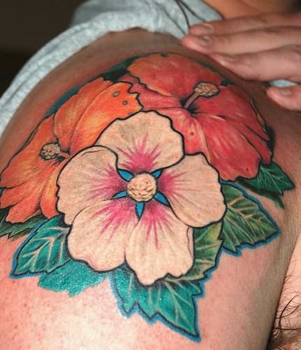 Colorful Hibiscus Flowers Tattoo On Shoulder