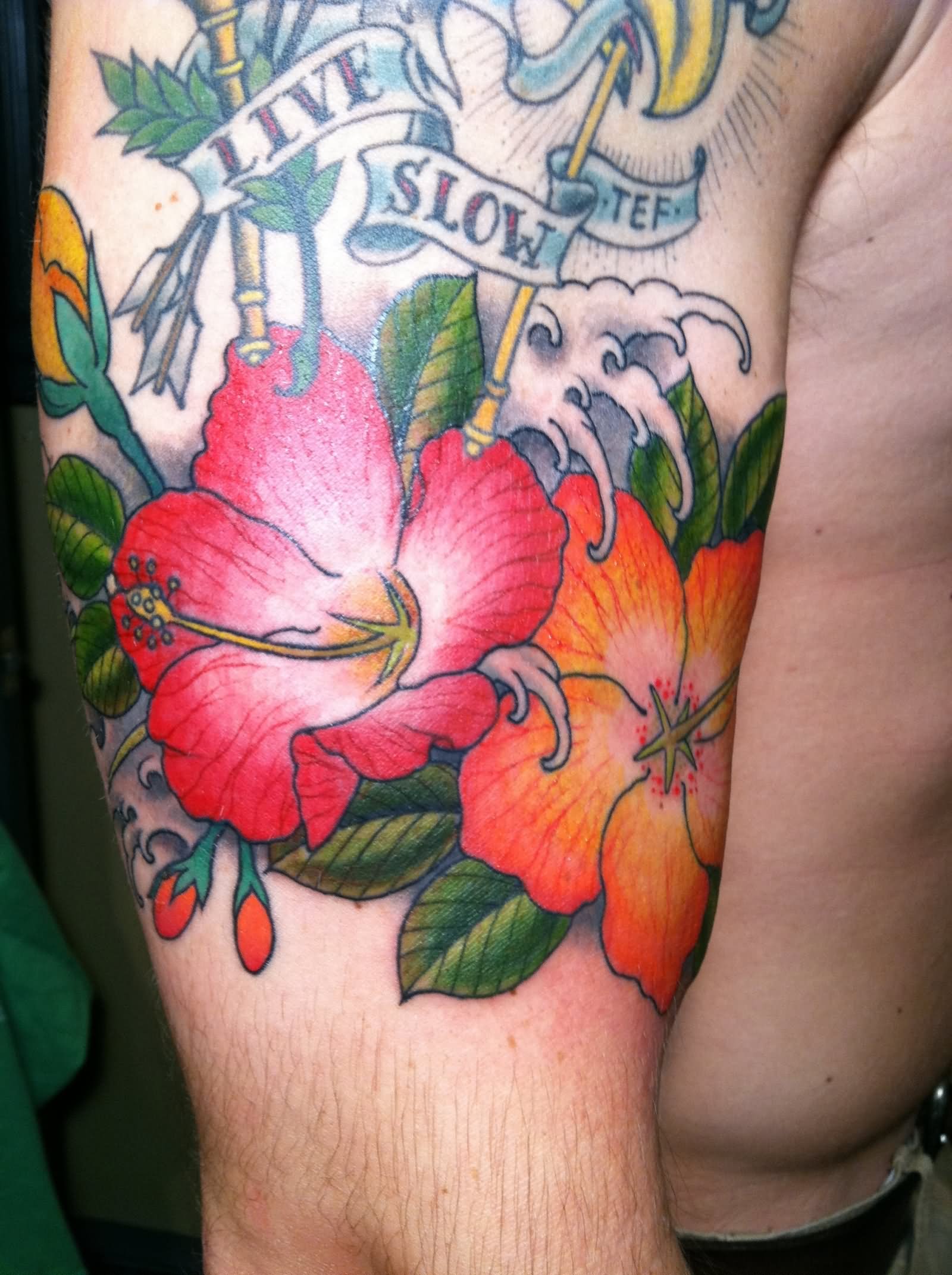Colorful Hibiscus Flowers With Banner Tattoo On Half Sleeve