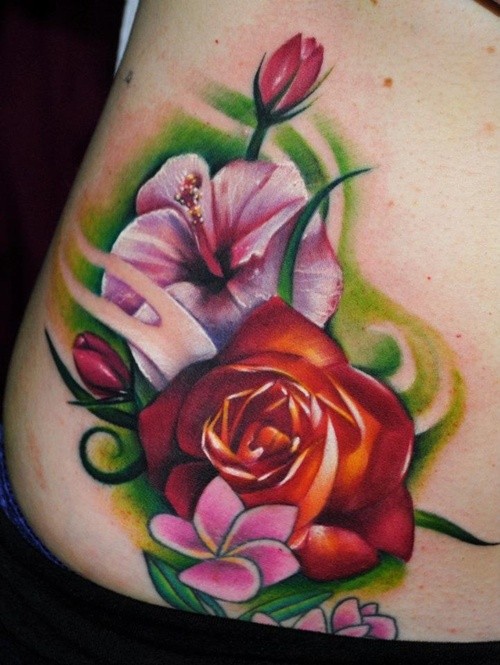 Colorful Hibiscus With Rose Tattoo Design For Side Rib