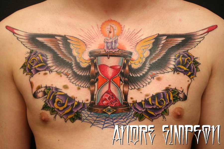 Colorful Hourglass With Wings And Roses Tattoo On Man Chest