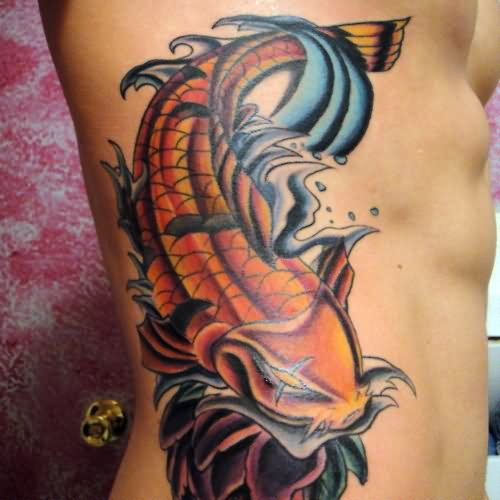 Colorful Koi Fish Tattoo On Right Side Rib