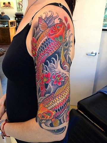 Colorful Koi Fish Tattoos On Half Sleeve