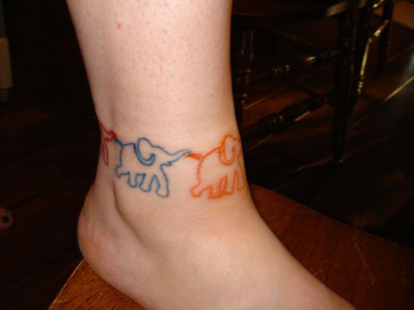 Colorful Outline Elephant Family Tattoo On Leg