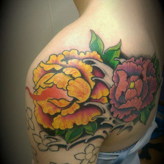 Colorful Shoulder Cap Flower Tattoos