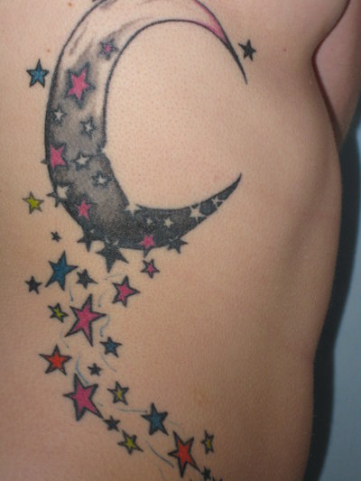 Colorful Stars With Half Moon Tattoo Design For Side Rib