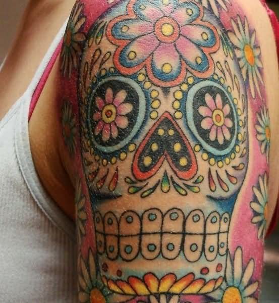 Colorful Sugar Skull Tattoo On Left Half Sleeve