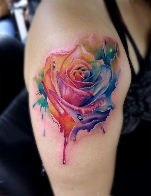 Colorful Watercolor 3D Rose Tattoo On Right Shoulder