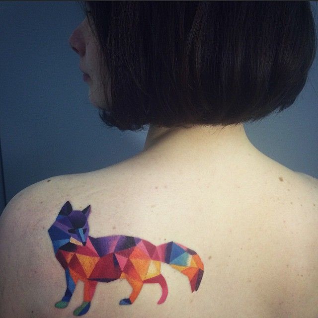 Colorful Watercolor Geometric Fox Tattoo On Girl Left Back Shoulder