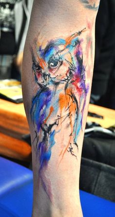Colorful Watercolor Owl Tattoo Design For Leg