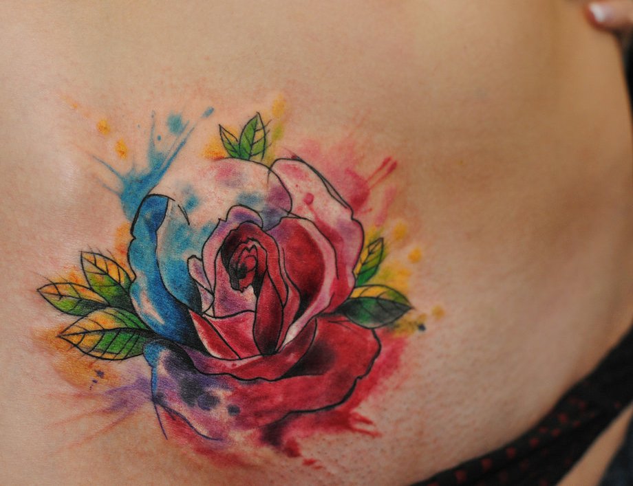 Colorful Watercolor Rose Tattoo Design For Girl By Aleksandra Katsan