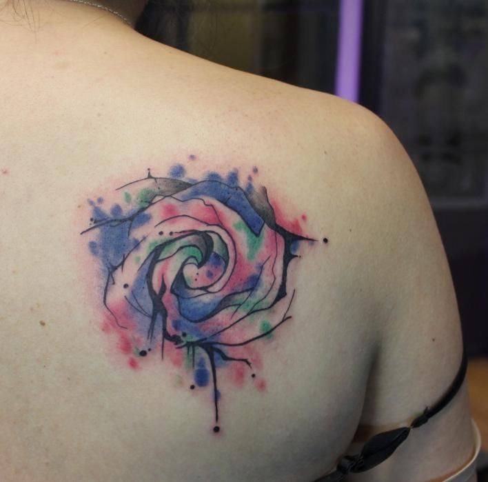 Colorful Watercolor Rose Tattoo On Girl Right Back Shoulder
