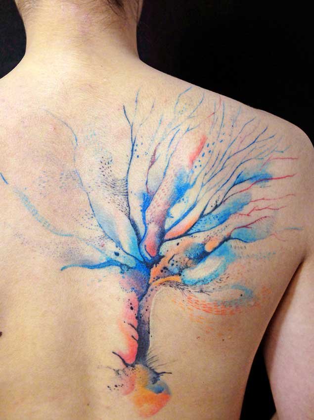 Colorful Watercolor Tree Tattoo On Right Back Shoulder