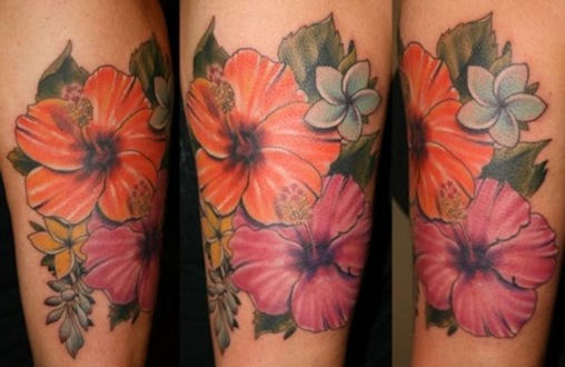 Colorful hibiscus Flowers Tattoo Design For Sleeve