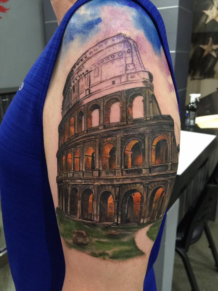 Colosseum Tattoo On Left Half Sleeve by Joey Hamilton