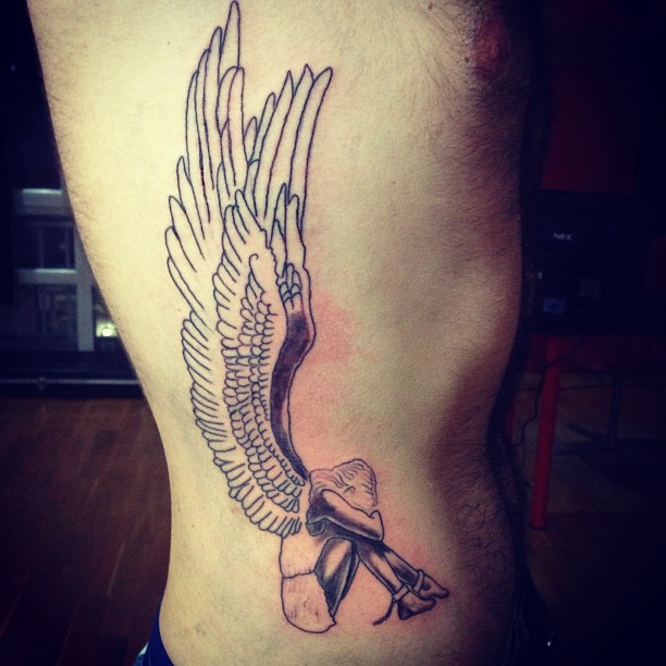 Cool Angel Tattoo On Man Right Side Rib