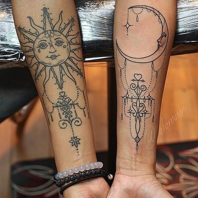 Cool Half Moon And Sun Tattoo On Couple Forearm